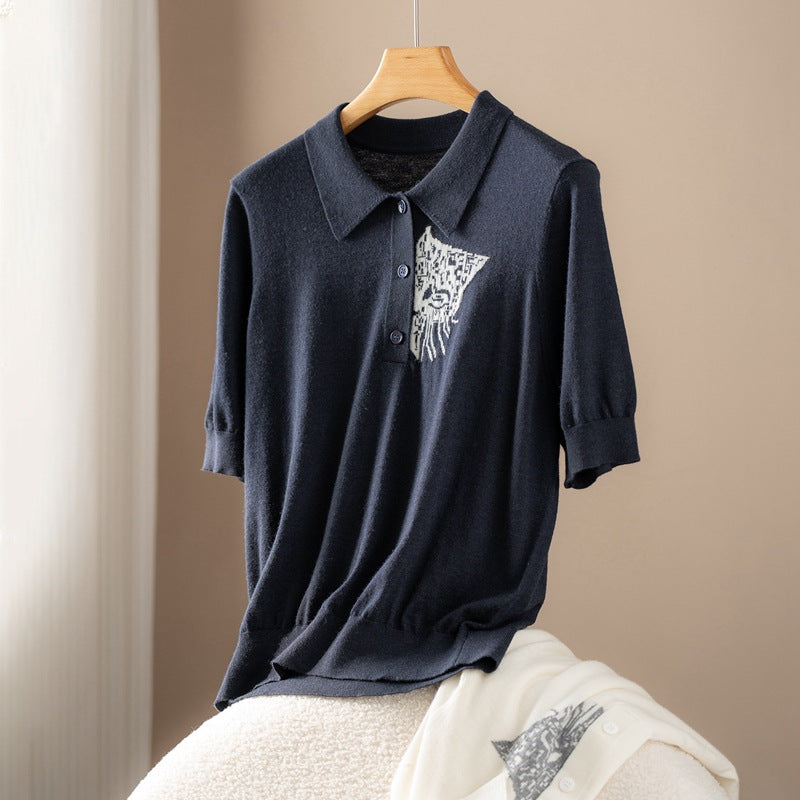 Autumn and Winter New Short-sleeved Jacquard T-shirt for Women 098