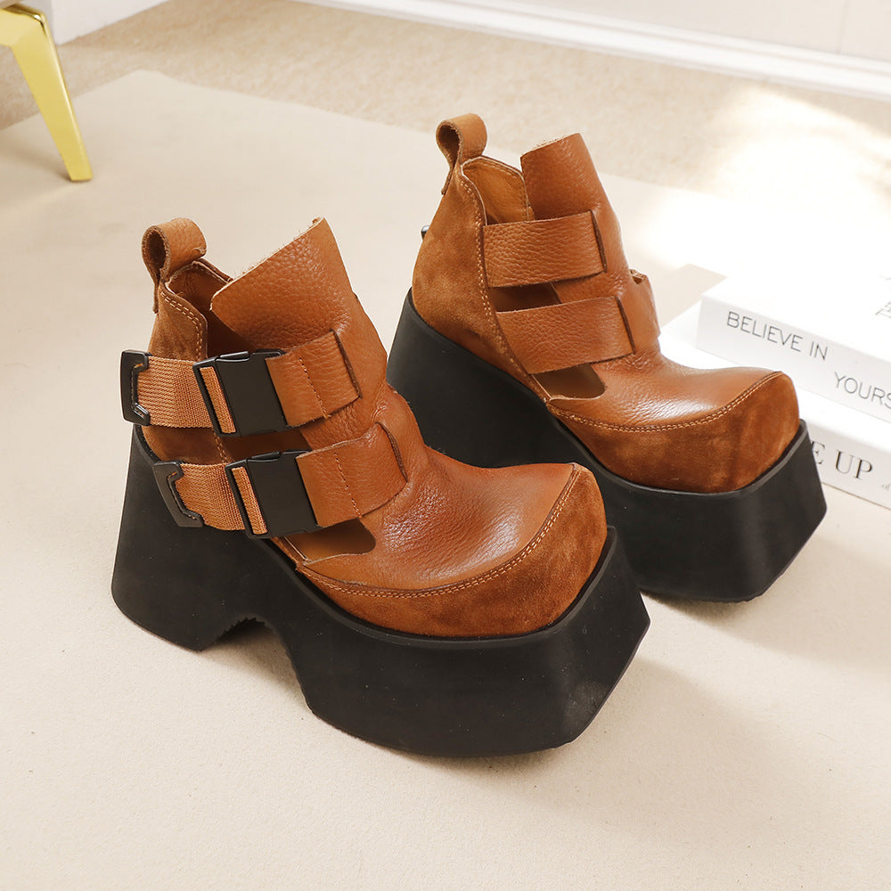 2025 New Women's Top Layer Cowhide Thick-soled Casual Shoes 086