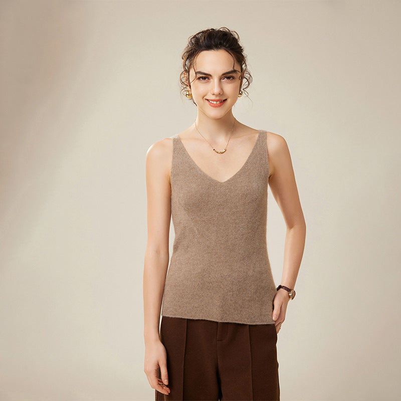 New V-neck Fitted Knitted Vest for Women with Halter Tops, Short Base Layer 097