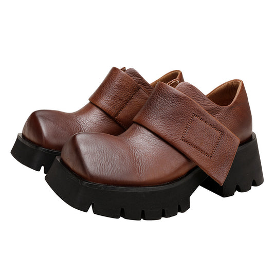 New Thick-soled Small Leather Shoes for Women, Genuine Leather Thick-heeled Shoes 037