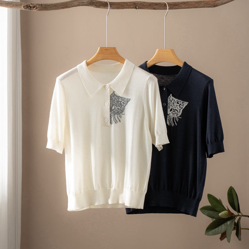 Autumn and Winter New Short-sleeved Jacquard T-shirt for Women 098