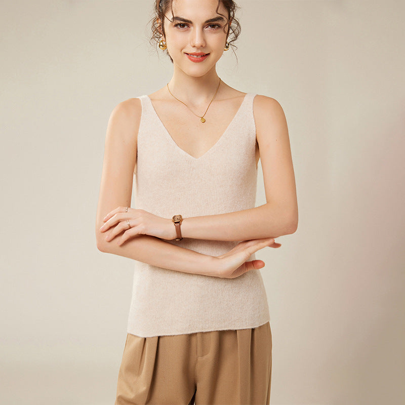 New V-neck Fitted Knitted Vest for Women with Halter Tops, Short Base Layer 097