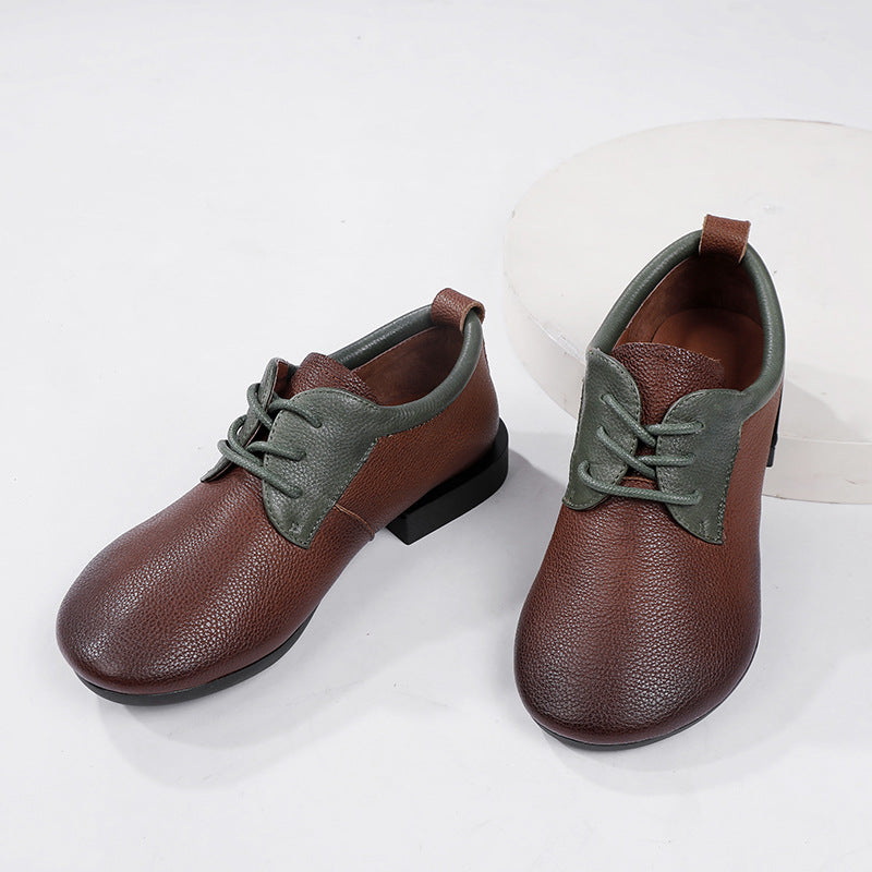 Soft-soled Genuine Leather Casual Color-matched Low-heeled Lace-up Shoes 083