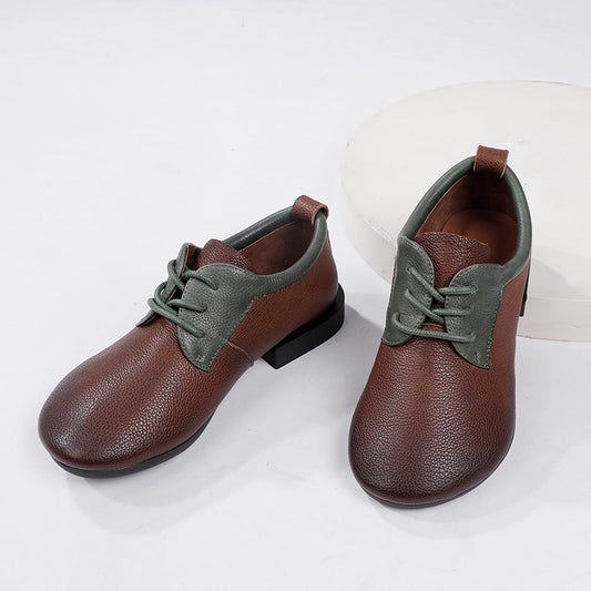 Soft-soled Genuine Leather Casual Color-matched Low-heeled Lace-up Shoes 083